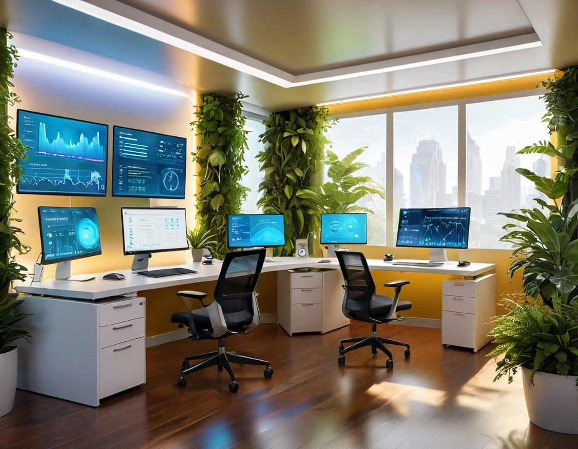 A futuristic workspace featuring advanced digital tools enhancing productivity and well-being, with vibrant dashboards displaying happiness metrics and workflow analytics. Include a calm, smiling user surrounded by holographic screens and greenery for a stress-free environment. Light rays illuminating the space with a warm color palette, symbolizing positivity and innovation. super-realistic. vibrant colors. 3D.