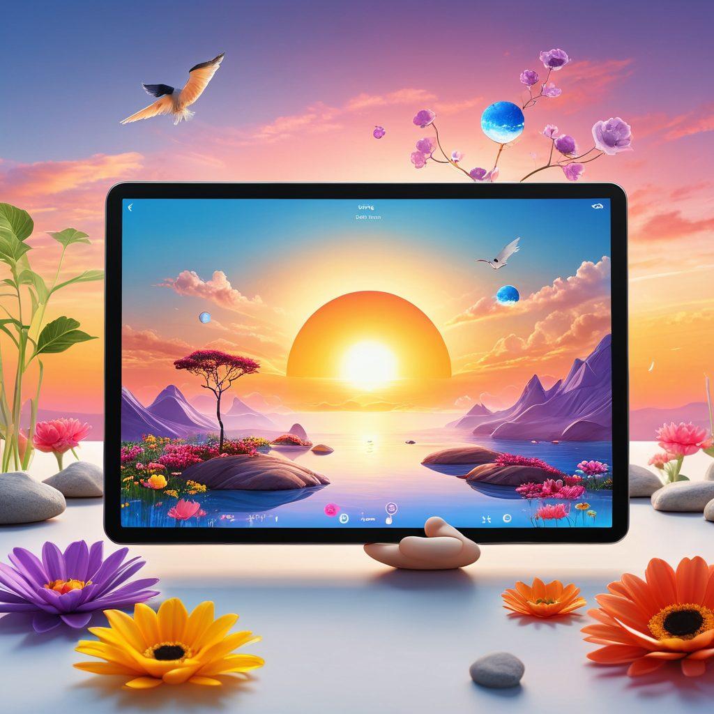A serene and inviting digital landscape featuring glowing wellness tools like meditation apps, happiness trackers, and holistic health icons floating in a vibrant sky. A person is joyfully interacting with a sleek tablet, surrounded by soft, calming colors and abstract shapes representing happiness and well-being. Include subtle elements of nature, such as blooming flowers and a tranquil sun, that symbolize growth and renewal. super-realistic. vibrant colors. 3D.