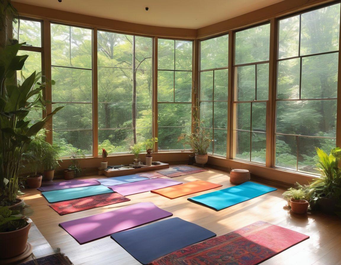 A whimsical workshop filled with colorful wellness tools like yoga mats, journals, and art supplies, surrounded by nature's greenery and sunlight streaming in through large windows. Happy people are engaging in creative activities, showcasing joy and connection. Incorporate elements of mindfulness like plants and soft textures to evoke a serene atmosphere. super-realistic. vibrant colors. natural light.